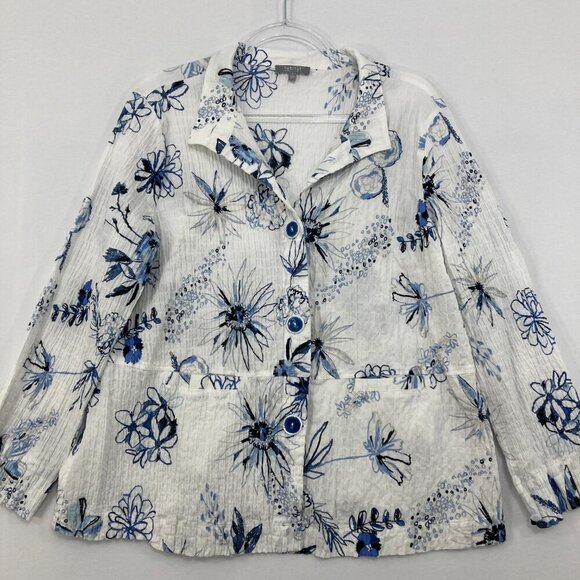 Habitat Large Blue White Floral Cotton Textured Long Sleeve Button Down Relaxed - Picture 1 of 11